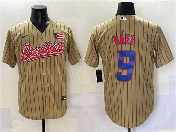 Men%27s Puerto Rico #9 Javier Baez Tan 2023 World Baseball Classic Stitched Jersey